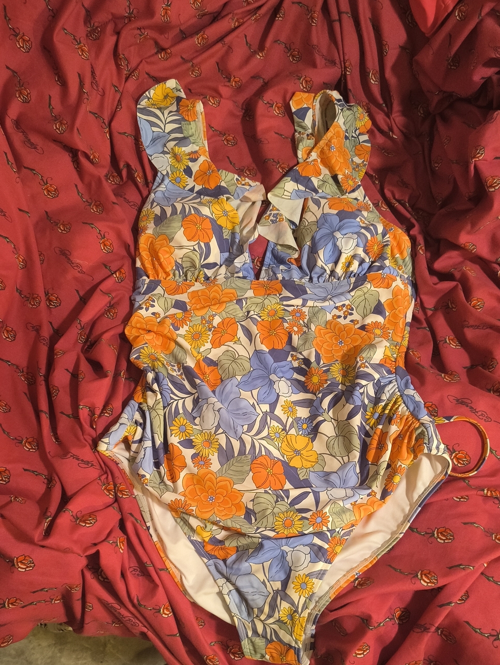 NWOT Floral Ruffle One-Piece Swimsuit - Orange & Blue Blooms Size XL